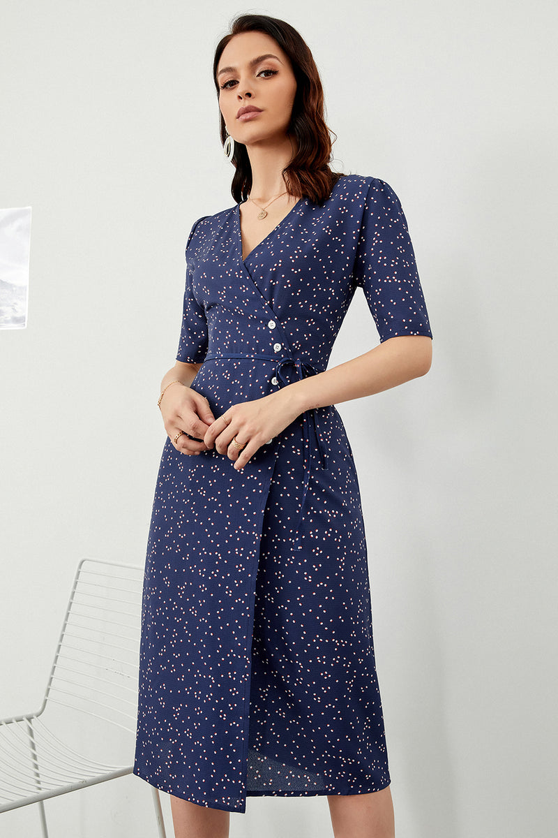 Zapaka Women Navy Polka Dots Wrap Dress Short Sleeves Button Midi Summer  Dress – ZAPAKA UK